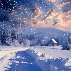 The atmosphere of a snowy place in winter is stunning, the houses and roads are filled with snow, the imagination of a beautiful place to immortalize and visit. Generative Ai