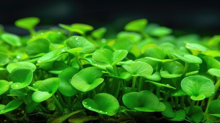 Lush green clovers cover the ground, dewdrops accentuating their fresh, vibrant vitality