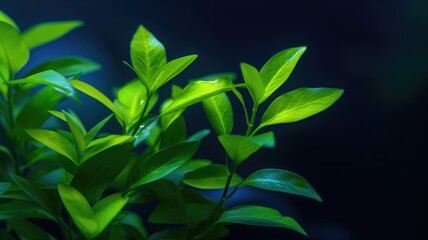 Vibrant green leaves with visible water droplets on a dark background, highlighting the plant's freshness and vitality