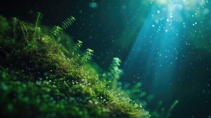 Fototapeta na wymiar Underwater view of a verdant aquatic moss garden with tiny plants and bubbles, illuminated by light rays