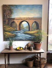Vintage Riverside Painting: Old World Cobblestone Bridges Wall Art