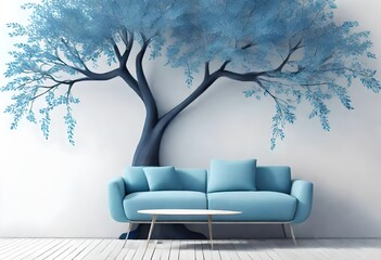 a living room interior with a blue couch positioned beneath a blue tree mural. The tree extends across the entire wall, creating a whimsical and nature-inspired feel in the room. - obrazy, fototapety, plakaty