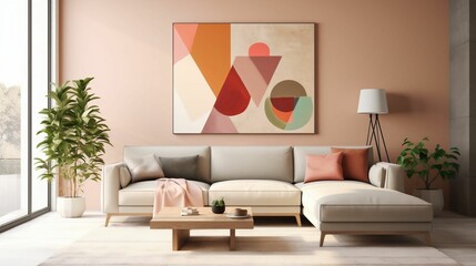 Modern interior with a large abstract painting on the wall above a stylish couch. AI-generated.