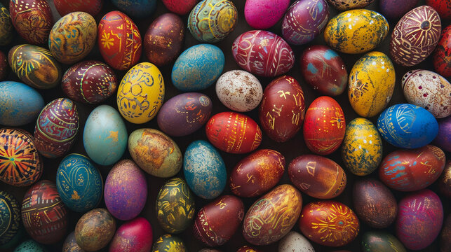 Top view orthodox easter image of colorful eggs. Traditional rustic style. Orthodox Easter egg hunt concept. For design, banner, poster, menu, print, poster, interior, flyer