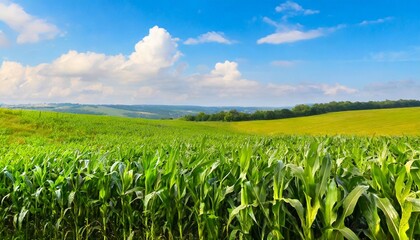 green corn field and blue sky wide photo
