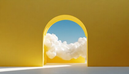 3d render abstract minimal yellow background with white clouds flying out the tunnel