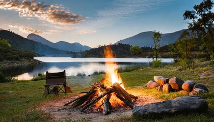 landscape of a campfire in a peaceful lake valley