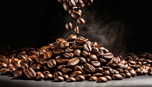 high contrast image of coffee beans being dropped onto pile with