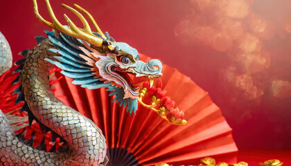 Abstract Art with Oriental Dragon and folding paper fans. Lunar New Year Background. copy space for your text.