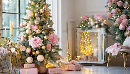 Fototapeta na wymiar christmas tree with pink and gold decorations