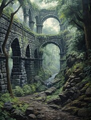 Panoramic Landscape Print: Old World Cobblestone Bridges & Nature Artwork