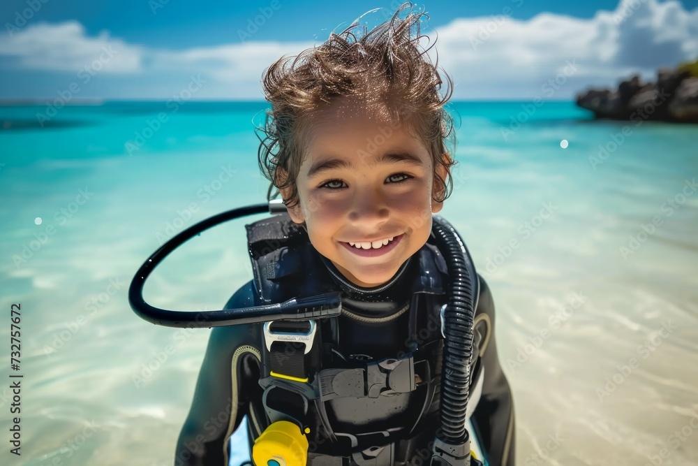 Aufkleber child at diving lessons. background with selective focus and copy space