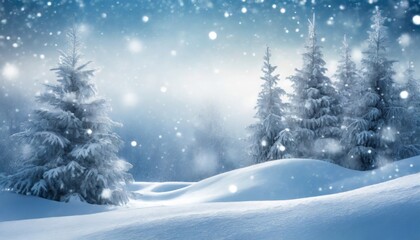 beautiful landscape with snow covered fir trees and snowdrifts merry christmas and happy new year greeting background with copy space winter fairytale