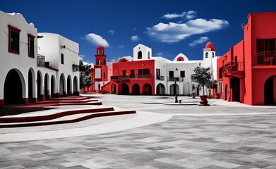 Hyperdetailed photorealistic illustration of an empty plaza in a Mediterranean town, red and blue...