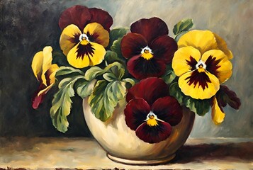 Burgundy and Yellow Pansy Flowers Still Life Illustration 