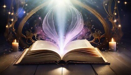 mystic magic book open pages with mystery light