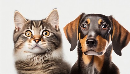 banner with a cat and a dog looking up on white background