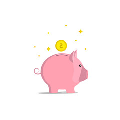 Pink piggy bank with falling gold coin. The concept of saving, saving or hoarding.