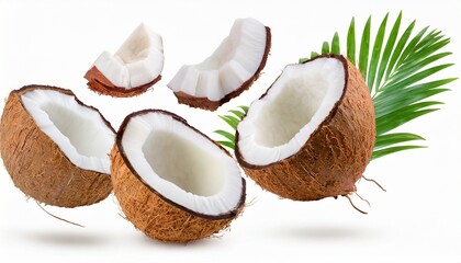 falling coconuts pieces on white background with clipping path full depth of field