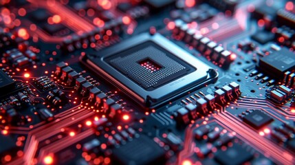 A powerful computer processor or chip on a motherboard. Modern technologies. Blue background, Abstract high-tech background, 3D rendering of technological circuits and chips