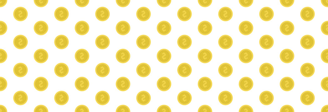 Gold coin dollar on a white background, seamless pattern.