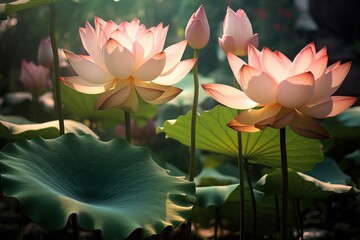 Large Pink Lotuses Bloom on Pond: Close-Up Flowers