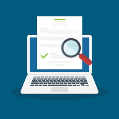 Online digital document inspection or assessment evaluation on laptop computer, contract review, analysis, inspection of agreement contract, compliance verification. - obrazy, fototapety, plakaty