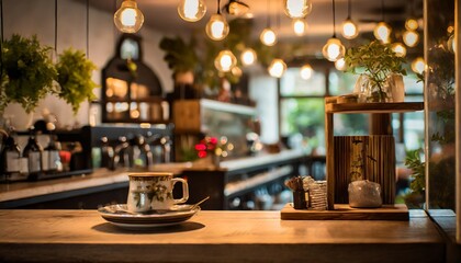 Fototapeta na wymiar this stunning coffee shop photograph featuring a cozy shelf and table setup perfect for a cafe or restaurant decor the bokeh effect in the background adds a touch of magic to the scene