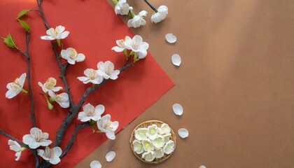 Obraz na płótnie Canvas top view aerial image shot of arrangement decoration chinese new year lunar new year holiday background concept white cheery blossom on red paper and brown backdrop copy space for creative design