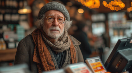 portrait of an elderly man in a grocery store. pensioner with glasses in a grocery store.pensioner at the checkout counter - obrazy, fototapety, plakaty