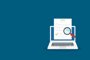 Online digital document inspection or assessment evaluation on laptop computer, contract review, analysis, inspection of agreement contract, compliance verification.