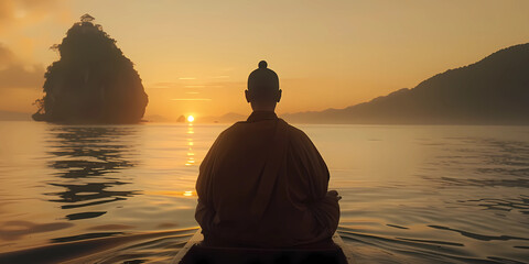 silhouette of a person on the beach meditating at sunset