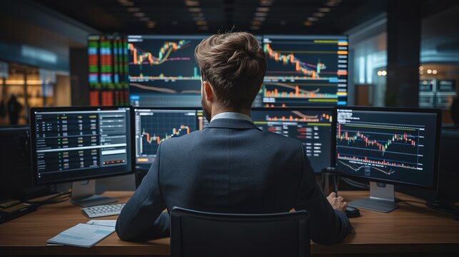 A young businessman trading about forex, Trading charts and candlestick patterns. Generative AI.