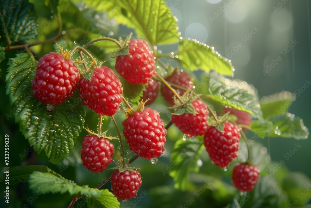 Poster raspberry harvest. backdrop with selective focus and copy space