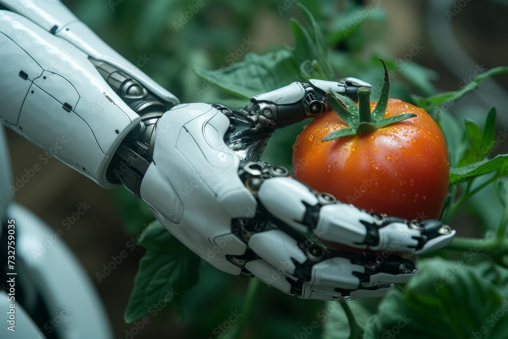 Poster a robot hand works on a modern farm. backdrop with selective focus and copy space