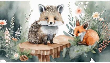 cute baby fox deer animal nursery rabbit and bear illustration for children watercolor boho forestdrawing watercolour hedgehog image perfect for nursery posters