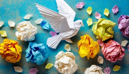 colorful crumpled paper balls with a paper dove peace freedom or opportunities