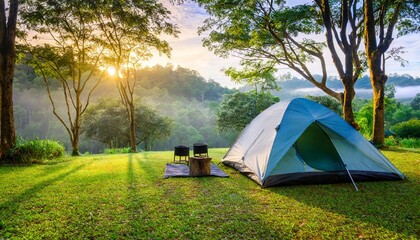 camping and tent in nature park with sunrise