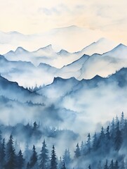 Plateau Art Print: Mist-Enveloped Mountain Peaks in Foggy Nature Scene