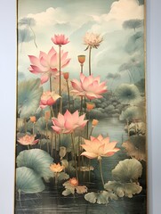 Vintage Wall Art: Pond Scenic View with Floating Lotus Flowers