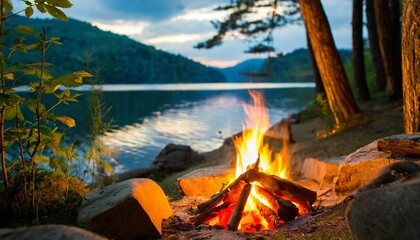 campfire in the forest near the lake