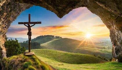 good friday concept heart shape of cave with jesus christ on cross over meadow sunset background