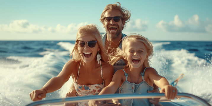 Beautiful woman with waving hairs on the strong wind scream with pleasure with daughter and husband having ocean bay journey driving fast speed boat. Happiness, family values, summer vacations image.