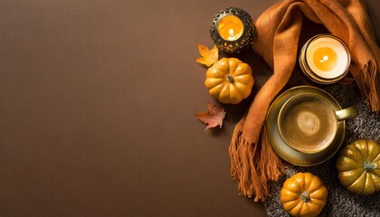 set the autumn mood with this top view photo of a gilded cup of coffee patchy scarf with pumpkin candles on brown backdrop make it a perfect composition for text or advert placement