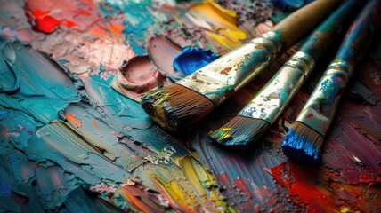 Fototapeta premium Close-up of vibrant oil paint on a palette with paintbrushes, showing a rich texture and a variety of colors