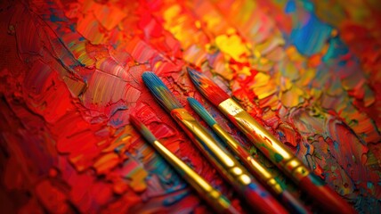 Obraz premium A vibrant close-up of paintbrushes lying on a textured canvas covered with strokes of red, orange, and blue paint