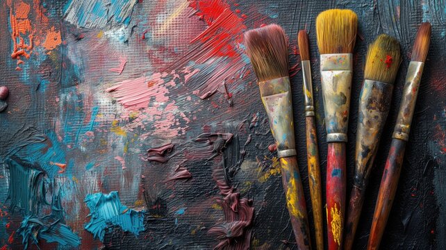 Close-up of paintbrushes and vibrant acrylic paint