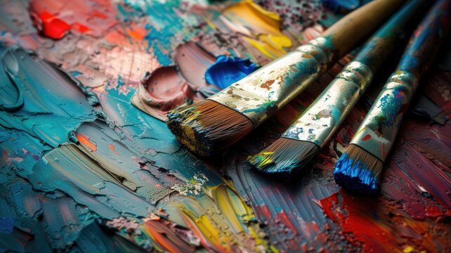 Close-up of vibrant oil paint on a palette with paintbrushes, showing a rich texture and a variety of colors