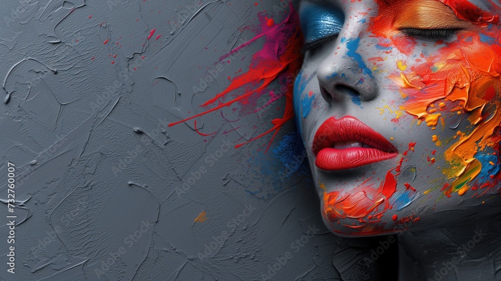 Poster a face with a mix of blue and red paint splashes, creating an abstract and artistic effect