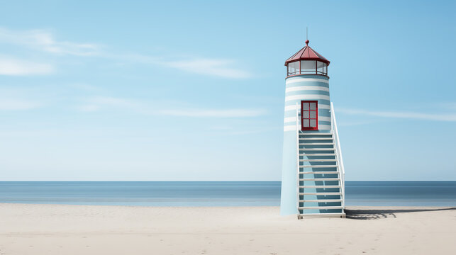 Blue lighthouse with red roof on empty sand beach by the sea. Calm coastal landscape on a warm summer day. Peaceful ocean. Minimalist retro style image, pastel tones. Copy space.